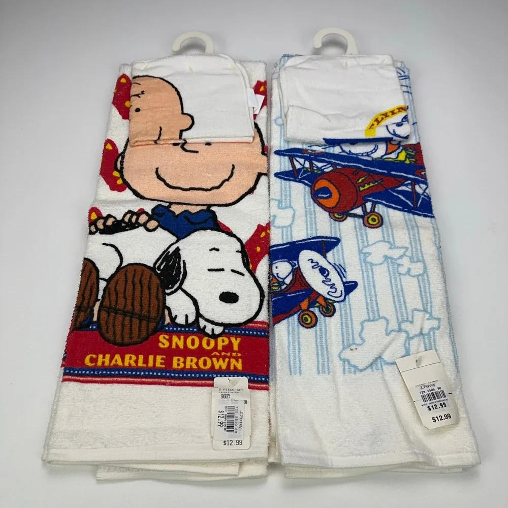 Peanuts Snoopy Charlie Brown 2pc Bath Towel Washcloth Set JCPenney White Aviator